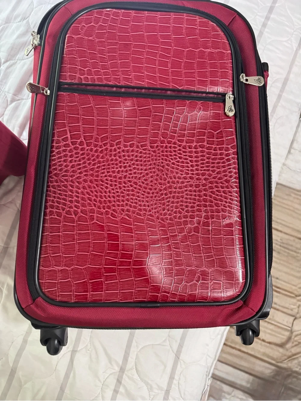 Glossy Red Croc-Texture Carry-On Travel Bag